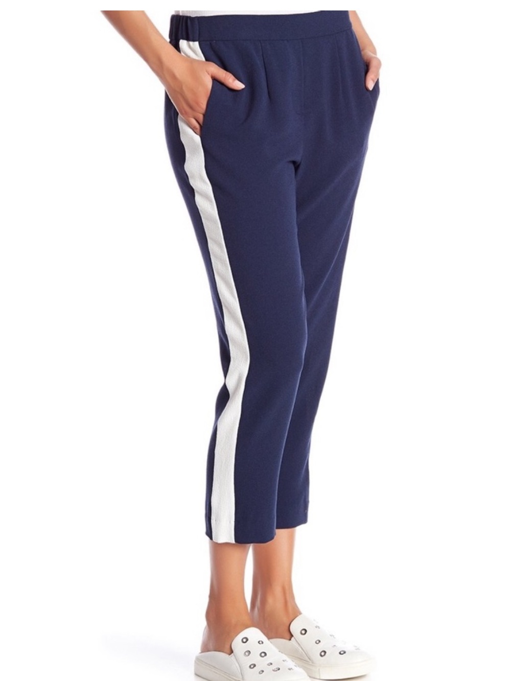 WAYF Color Block Track Pants Navy White Straight Leg Athleisure Sz Large